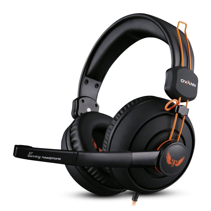 OVANN X7 Pro black and orange gaming headset with mic and cushioned ear cups