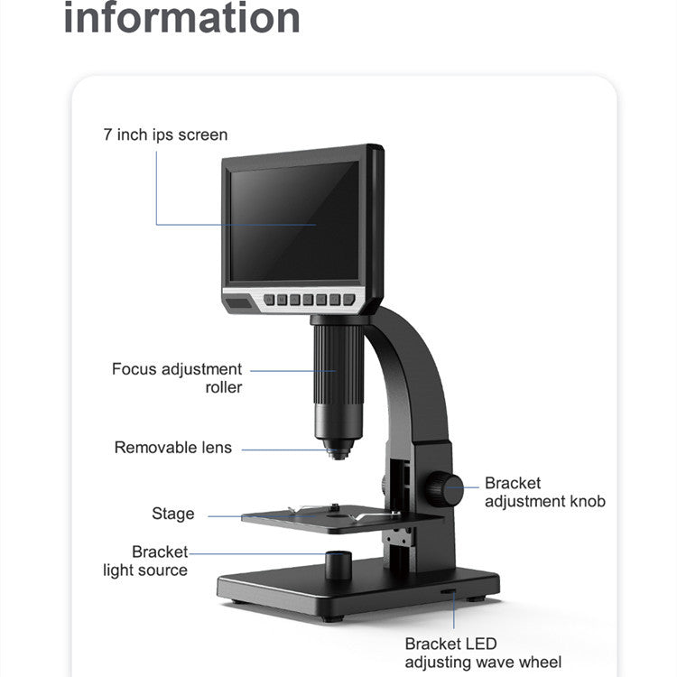 Digital microscope with 7-inch IPS screen, focus roller, removable lens, stage, and LED light source
