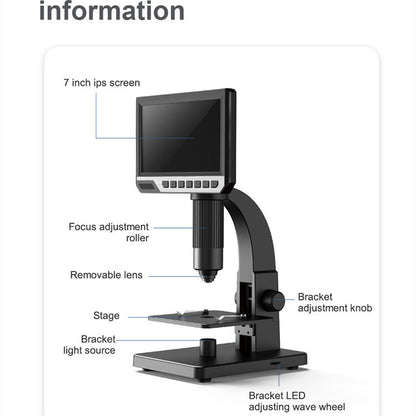 Digital microscope with 7-inch IPS screen, focus roller, removable lens, stage, and LED light source