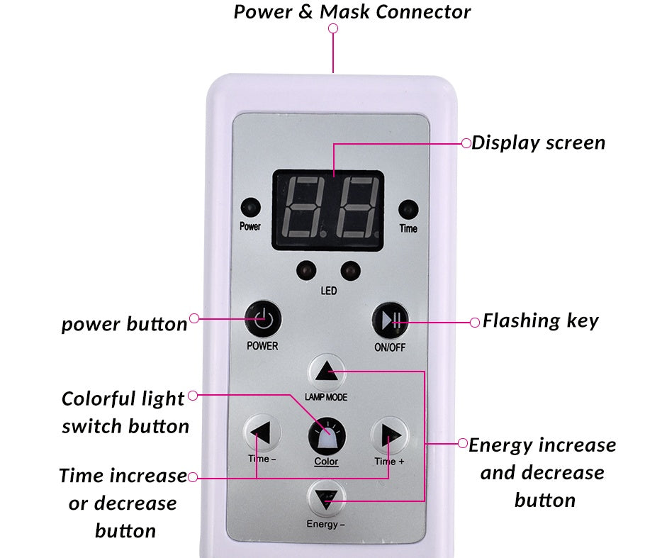 LED facial beauty mask remote control with power button, display screen, and mode adjustment buttons
