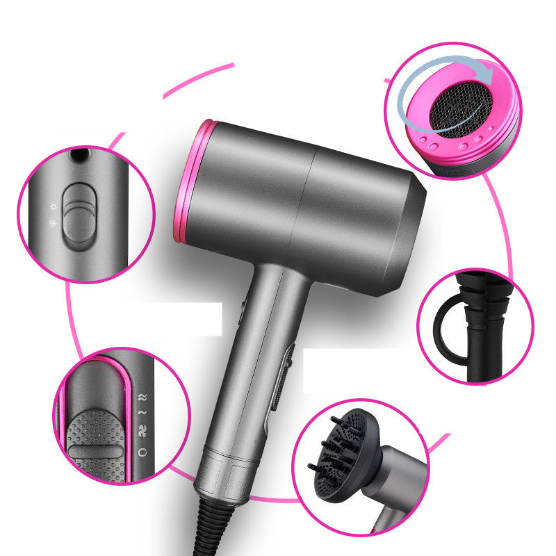 Trendy gray and pink ionic hair dryer with foldable handle, diffuser attachment, and multiple heat settings