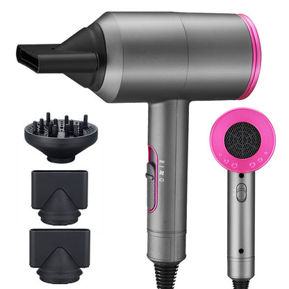 Gray and pink ionic hair dryer with three black nozzle attachments for fast drying