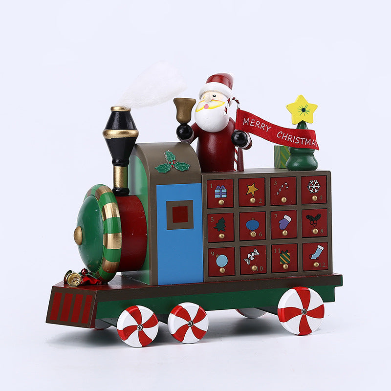 Wooden Christmas train decoration with Santa holding bell, countdown drawers, peppermint wheels, and festive details