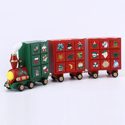Handmade wooden Christmas train advent calendar with numbered drawers and festive holiday designs