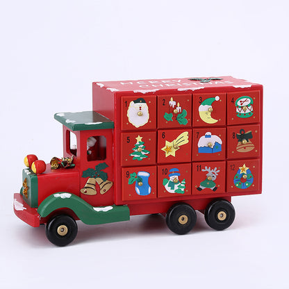 Red and green wooden Christmas truck with 12 festive countdown drawers featuring holiday icons