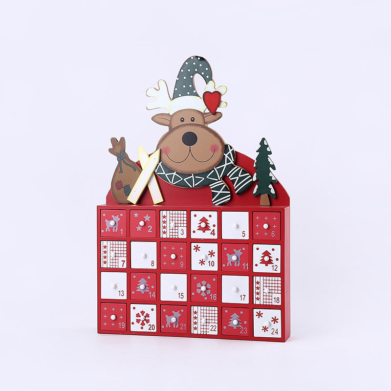 Wooden red and white Christmas advent calendar with reindeer, Christmas tree, and holiday decorations