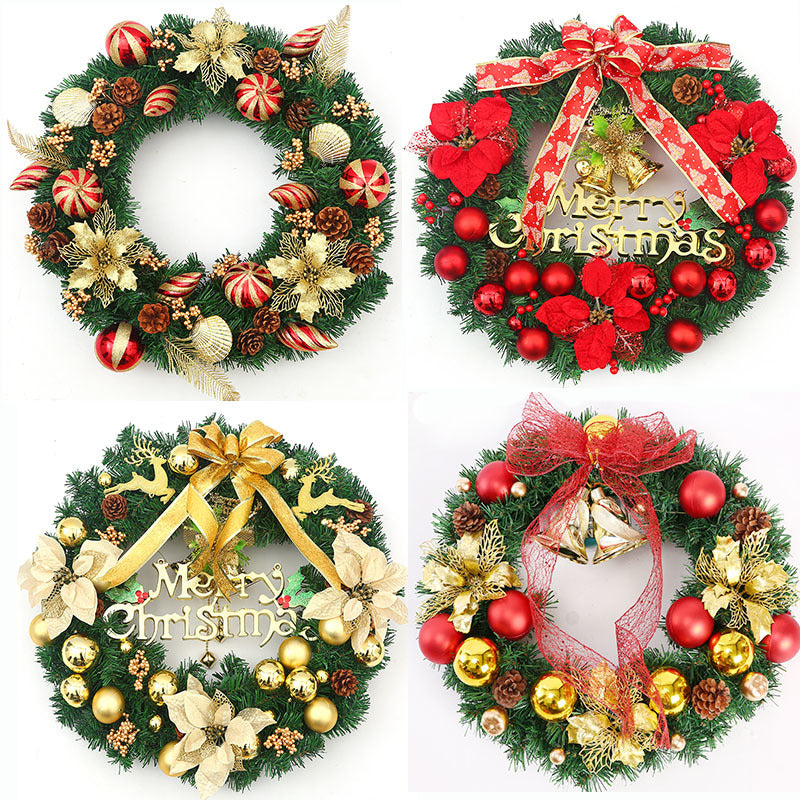 Four festive Christmas wreaths with red, gold, pine cones, ribbons, and ornaments on green garland