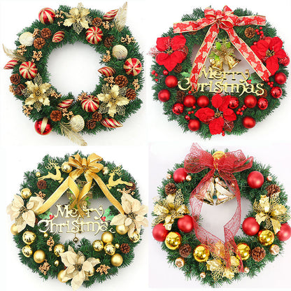 Four festive Christmas wreaths with red, gold, pine cones, ribbons, and ornaments on green garland