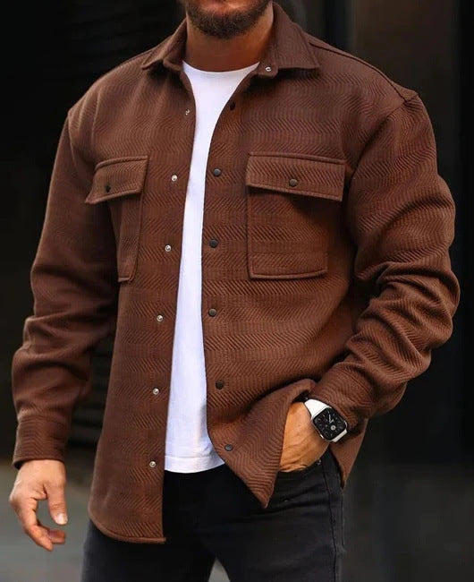 Man wearing a brown long-sleeve polyester polo collar casual jacket with front pockets and black watch