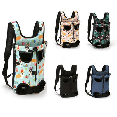 Five small dog chest carrier backpacks with cute corgi and flamingo prints in various colors