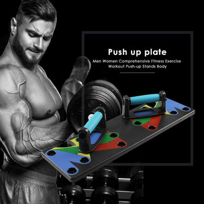 Muscular man flexing in gym with a colorful push up plate and handles for fitness exercise