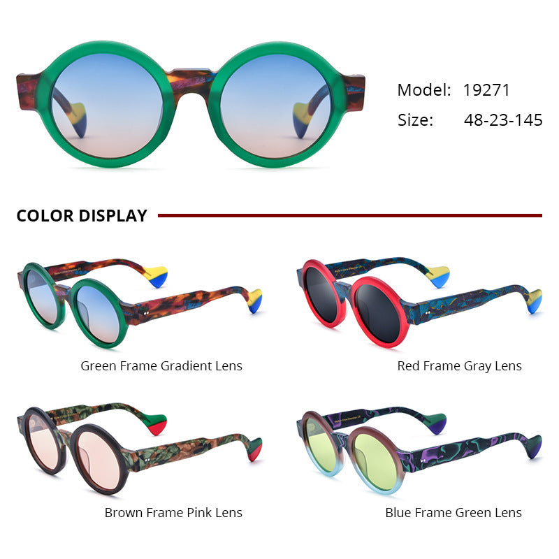 Round sunglasses with frosted green frame and gradient blue lenses, unisex polarized UV400 protection