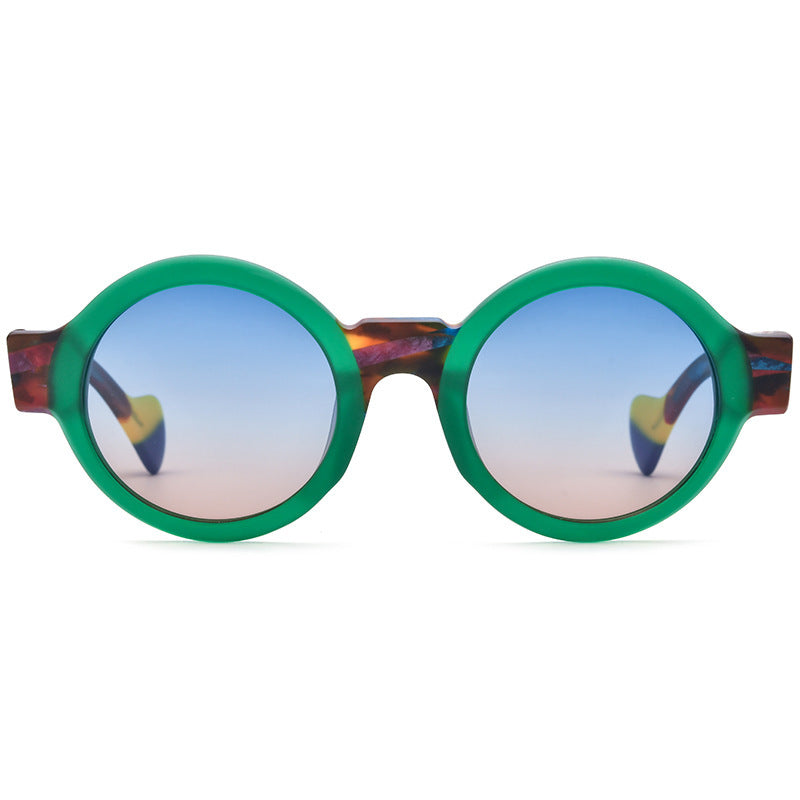 Frosted green round sunglasses with blue gradient polarized lenses and multicolor temples