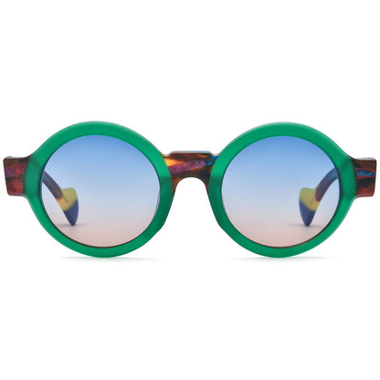 Frosted green round sunglasses with blue gradient polarized lenses and multicolor temples