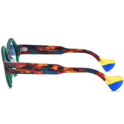 Frosted round sunglasses with matte green frame and multicolor tortoiseshell arms featuring yellow and blue tips