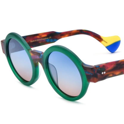 Frosted green round sunglasses with blue gradient polarized lenses and multicolor tortoiseshell matte frames