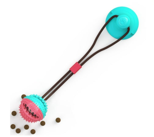Interactive dog ball toy with suction cup and spiked chew ball for dental cleaning and tug play