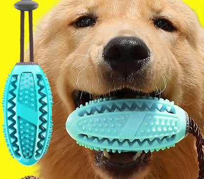 Golden retriever chewing blue interactive dog ball toy with suction cup for dental cleaning