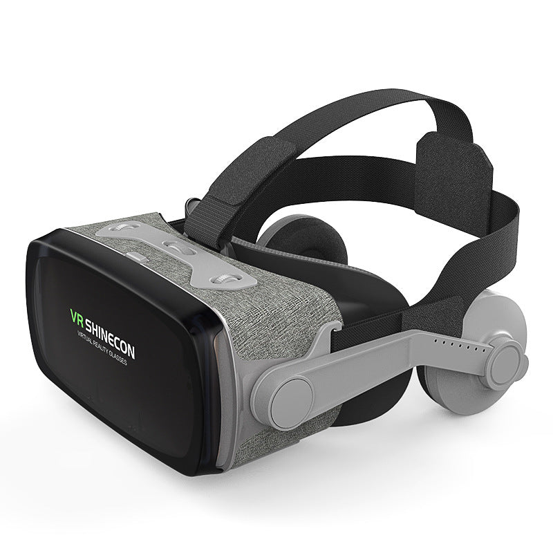 VR Shinecon virtual reality headset with adjustable straps and built-in headphones on white background