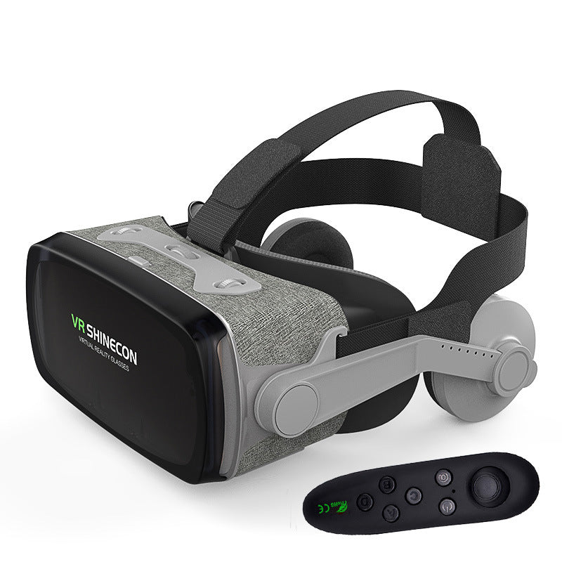 VR SHINECON virtual reality headset with adjustable strap and remote control on white background