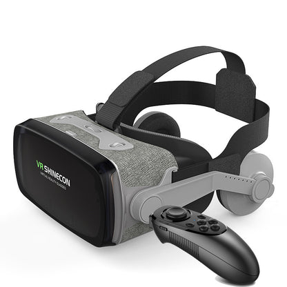 VR Shinecon virtual reality headset with adjustable straps and black wireless controller on white background