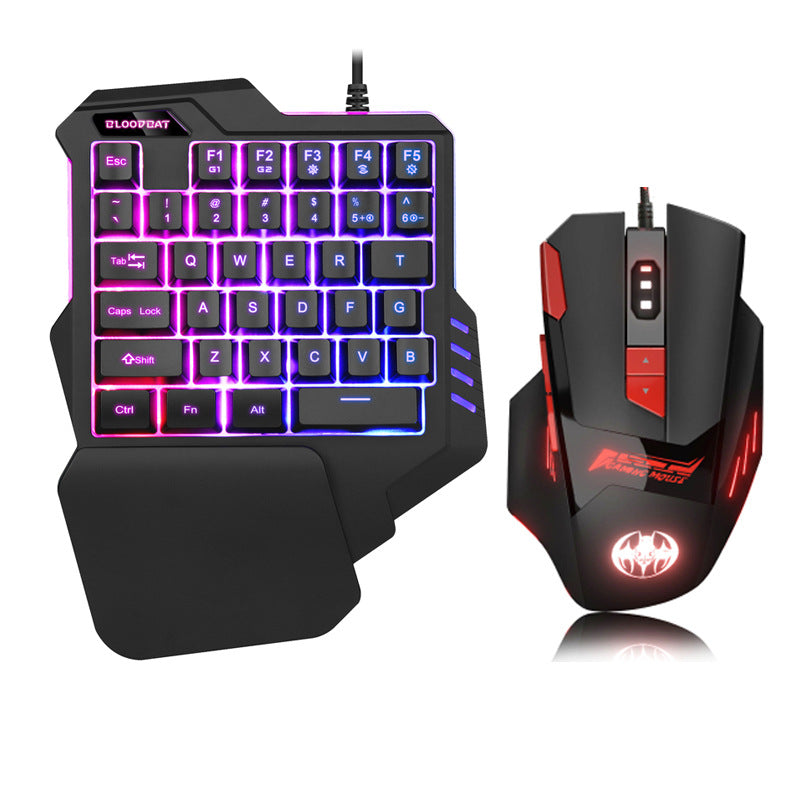 Bloodbat RGB backlit one-handed gaming keyboard and black wired gaming mouse with red lighting