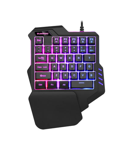 Bloodbat RGB one-handed gaming keyboard with wrist rest and colorful backlit keys
