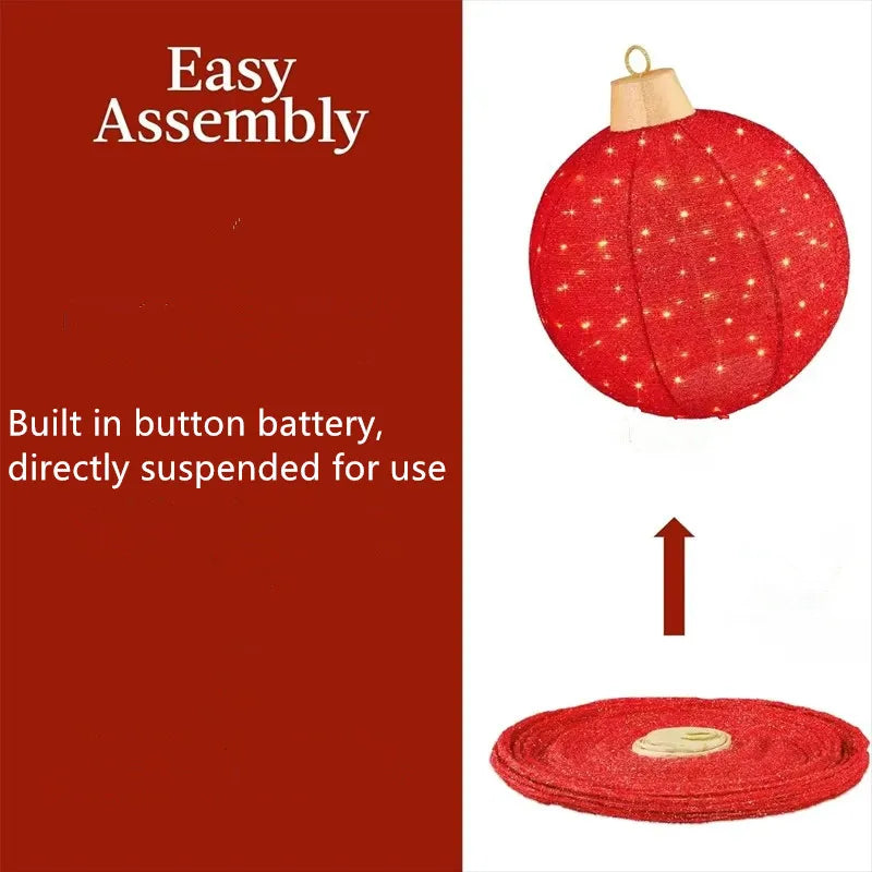 Red glowing round lantern Christmas pendant with built-in button battery, easy assembly, foldable design