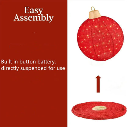 Red glowing round lantern Christmas pendant with built-in button battery, easy assembly, foldable design