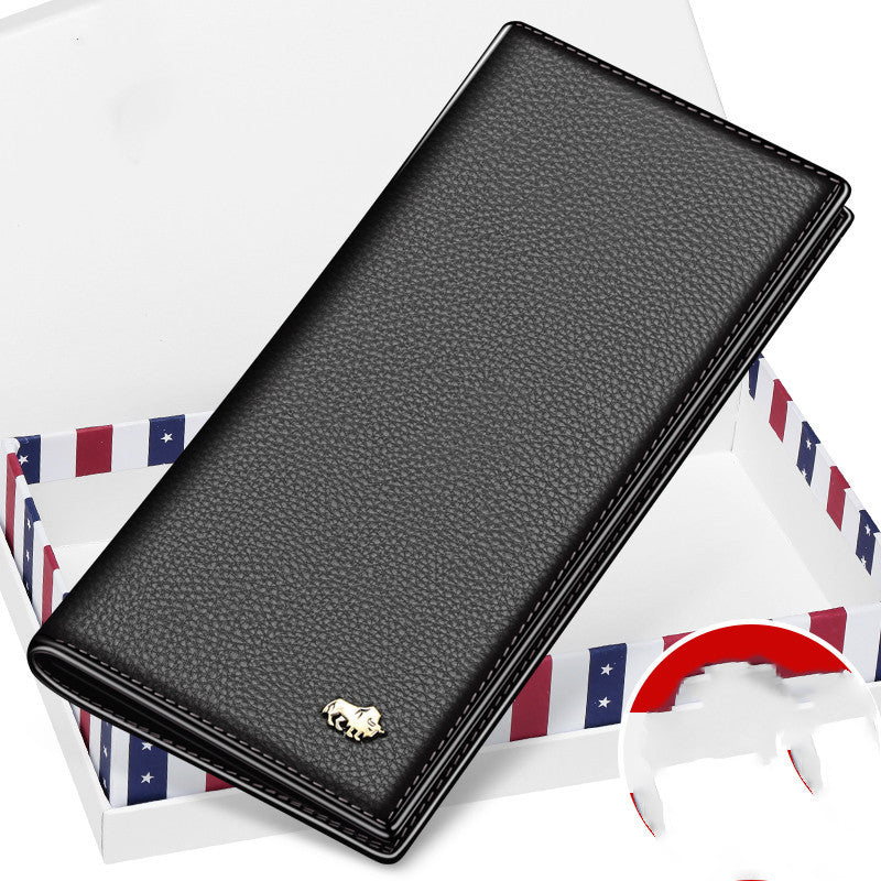 Black American Bison leather long wallet with textured finish and gold bison logo in open box