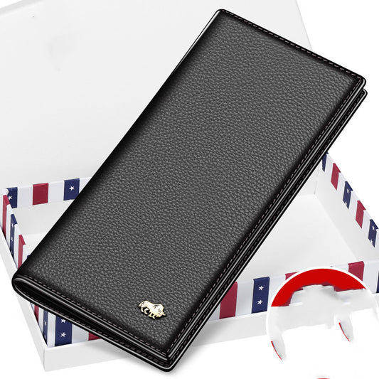 Black American Bison leather long wallet with textured finish and gold bison logo in open box