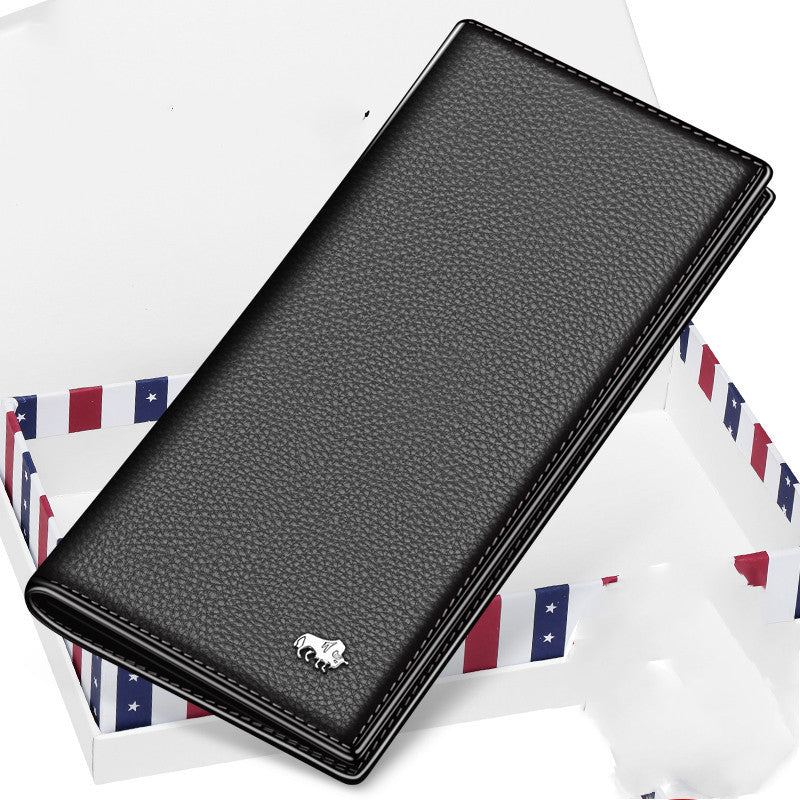 Black pebbled leather long wallet with buffalo emblem, placed on patriotic red, white, blue box