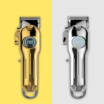Gold and silver electric hair clippers with digital display showing 200 on yellow and gray backgrounds