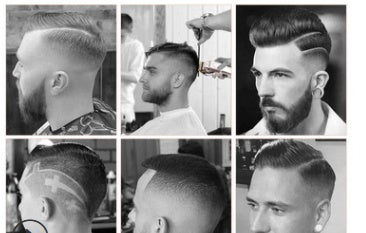 Collage of men's modern haircut styles and haircuts in a barbershop setting