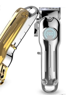 Gold and silver professional cordless hair clippers with stainless steel blades and digital display