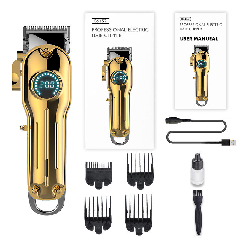 Gold professional cordless electric hair clipper with stainless steel blade and digital display, included combs, USB charger, oil, and cleaning brush