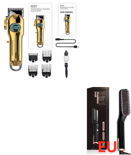 Gold professional cordless electric hair clipper with stainless steel blade, USB charger, comb guards, and cleaning brush