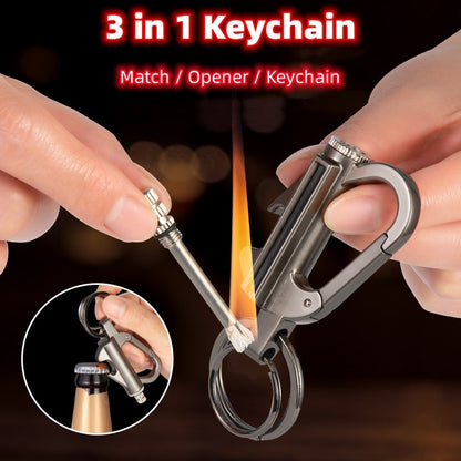Metal 3-in-1 keychain with match striker, bottle opener, and keyring, shown igniting a match