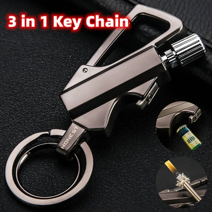 3 in 1 black metal keychain lighter with bottle opener and fire starter features on black background