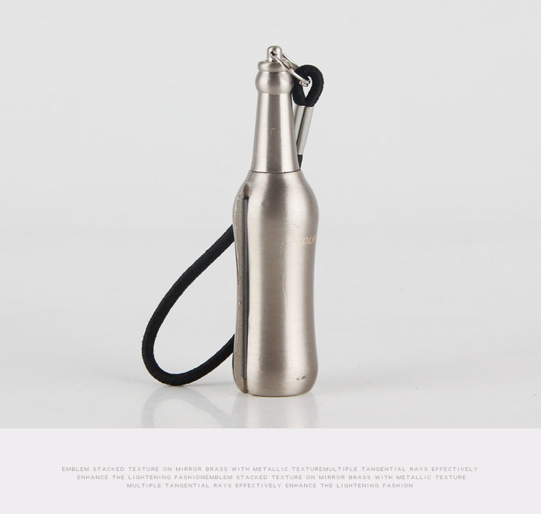 silver metal bottle-shaped keychain lighter with black strap on white background