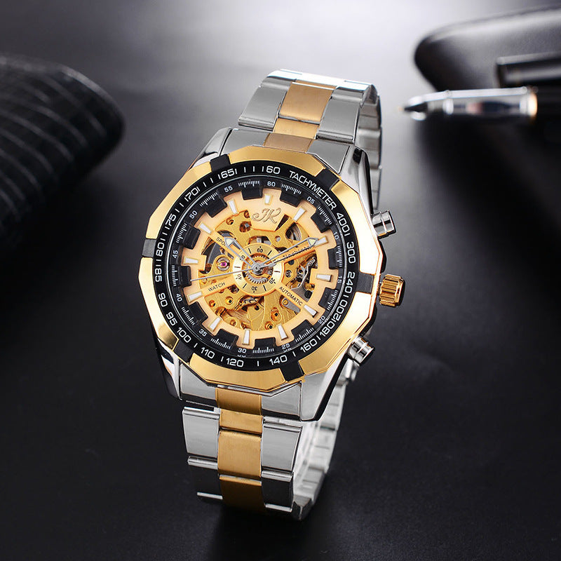 Men's mechanical watch with gold shell, black tachymeter bezel, automatic movement, and steel band