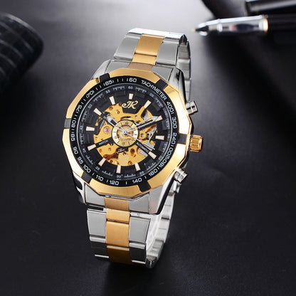 Men's mechanical automatic watch with gold and black hollow dial, tachymeter bezel, and steel band