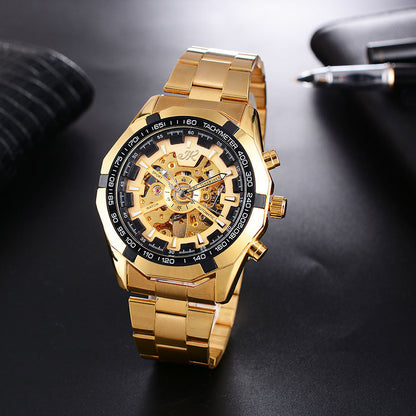Gold men's mechanical wristwatch with black tachymeter bezel and hollow dial on black surface
