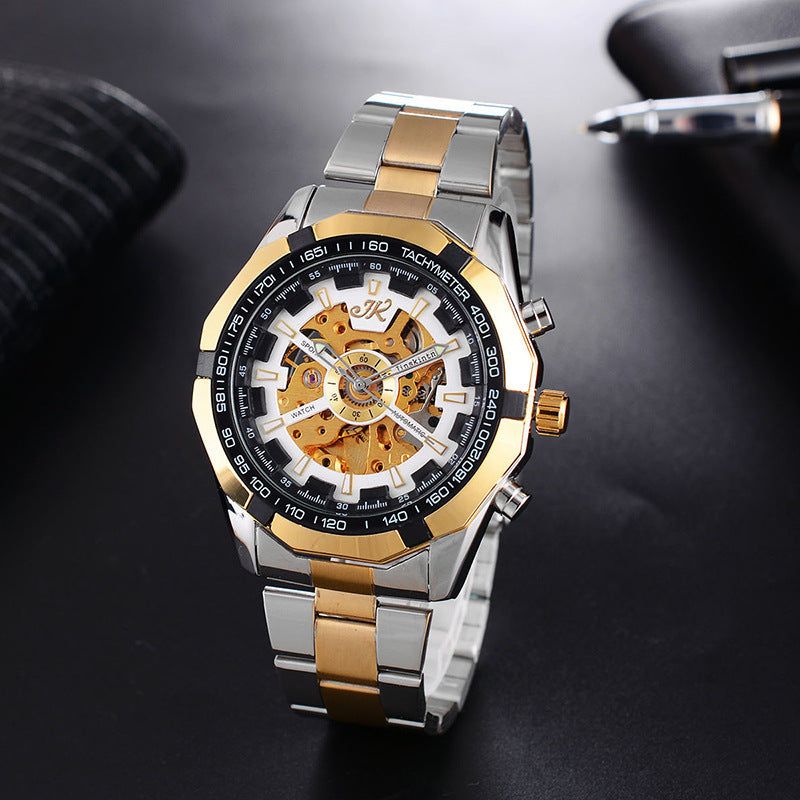 Men's mechanical watch with gold and black hollow dial, stainless steel two-tone band, tachymeter bezel