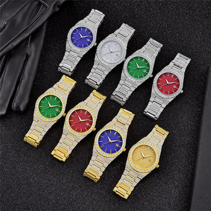 Eight luxury diamond-studded men’s quartz watches in gold and silver with multicolor dials on black textured background
