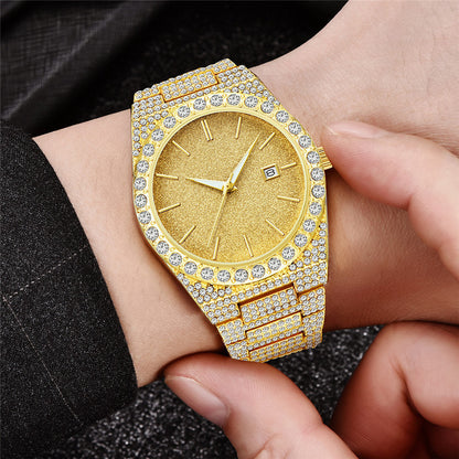 Gold men's wristwatch with diamond-studded strap and bezel, gold textured dial, and calendar date display
