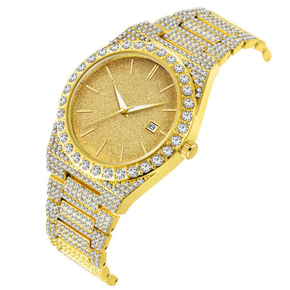 Gold quartz men's watch with diamond-studded strap and calendar date display