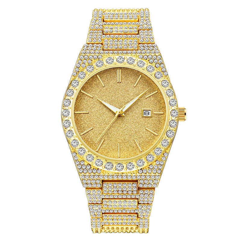 Gold quartz men's wristwatch with diamond-encrusted bezel and strap, calendar display