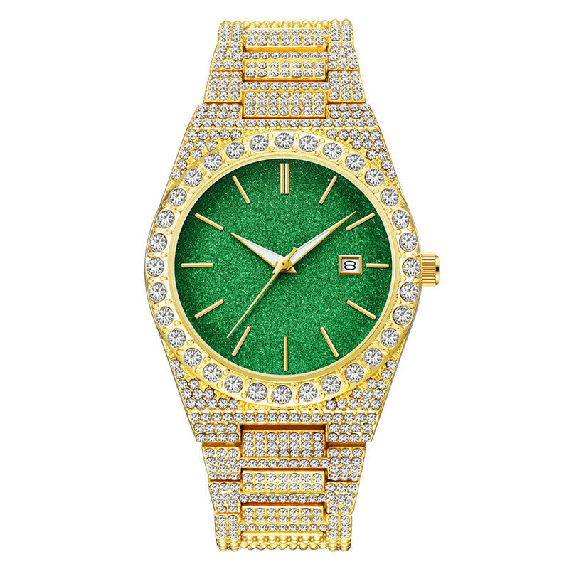 Gold-tone men's quartz watch with green dial, diamond accents, and calendar date window