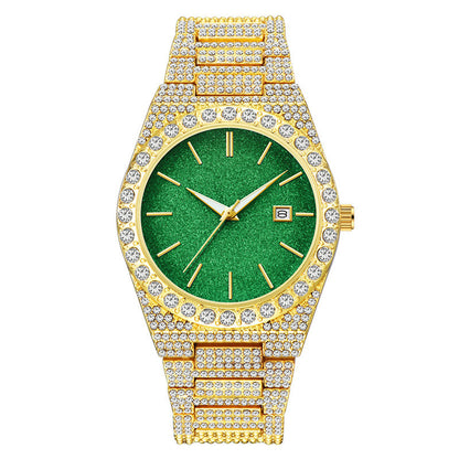 Gold-tone men's quartz watch with green dial, diamond accents, and calendar date window